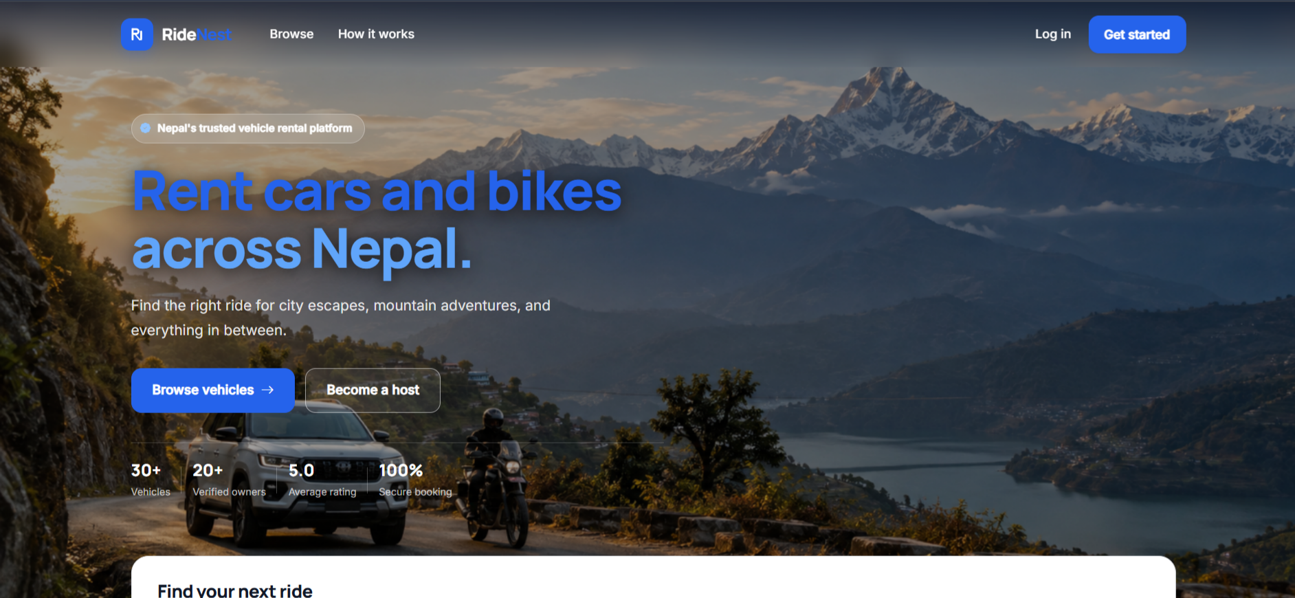 RideNest vehicle rental marketplace homepage